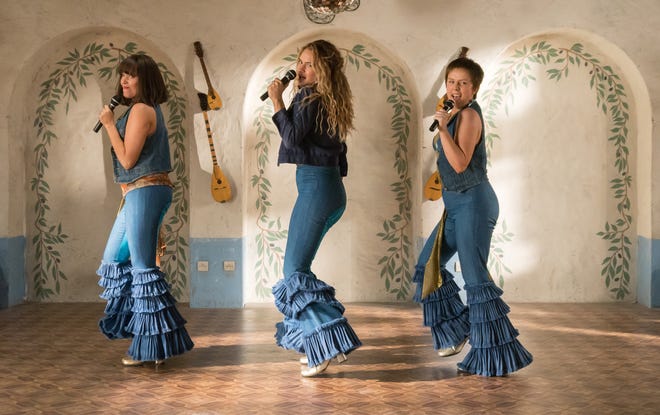 Jessica Keenan Wynn, Lily James, and Alexa Davies sing and dance up a storm. [Courtesy photo/Universal Pictures]