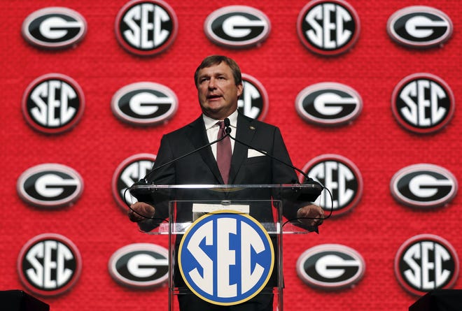 Georgia head coach Kirby Smart speaks duringSoutheastern Conference Media Days Tuesday in Atlanta. [JOHN BAZEMORE/AP PHOTO]