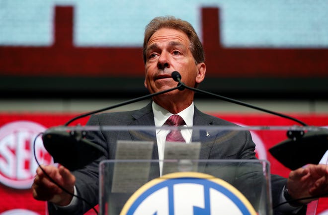 NCAA college football head coach Nick Saban of Alabama speaks during the Southeastern Conference Media Days before speaking Wednesday, July 18, 2018, in Atlanta. (AP Photo/John Bazemore)