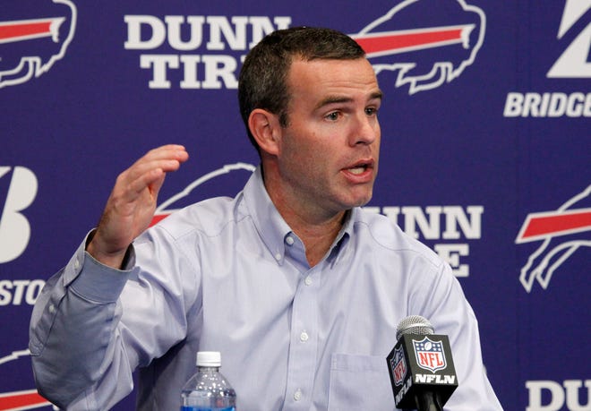 FILE - In this Jan. 9, 2018, file photo, Buffalo Bills general manager Brandon Beane addresses the media during an end-of-season NFL football news conference, in Orchard Park, N.Y. Brandon Beane is happy he's still around to tell the story of when the Bills pegged quarterback Josh Allen to become their heir-apparent starter. The amount of film the Bills general manager watched, games attended and people he interviewed before drafting the Wyoming quarterback in the first round was nothing compared to the hair-raising experience Beane and the team's brain trust had visiting Allen in mid-March. (AP Photo/Jeffrey T. Barnes, File)