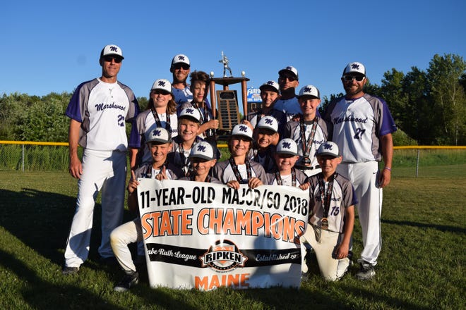 Marshwood went 6-1 in the Cal Ripken District 1 U-11, 60-foot state tournament, beating Messalonskee twice in the championship round by scores of 11-5 and 10-0, and advancing to this weekend’s Cal Ripken New England Regional tournament in Dedham, Mass. Marshwood also posted wins over River Valley (13-1), Noble (13-3), Fairfield (7-3), and Andy Valley (7-1). Members of the Marshwood team include Evin Aceto, Ryan Essex, Liam Tiernan, Ronan Garrett, Gus Onken, Cole Goodwin, Silas Reimels, Michael Mansfield, Tyler Hussey, Miles Bevan and Beckett Barlow. Coaches are Jeremy Hussey, Kristopher Tiernan, Kevin Aceto, and Brendon Garrett. [Courtesy photo]