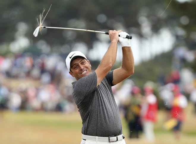 Francesco Molinari of Italy plays out of the rough on the 9th fairway during the final round of the 147th British Open Golf championships in Carnoustie, Scotland on Sunday. Molinari didn't bogey a hole in his last two rounds to roll to victory. [AP PHOTO/PETER MORRISON]
