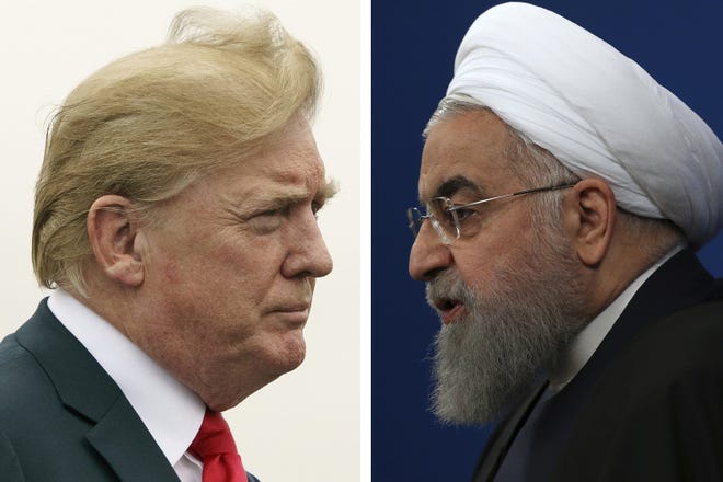 his combination of two pictures shows U.S. President Donald Trump, left, and Iranian President Hassan Rouhani. [AP Photos]