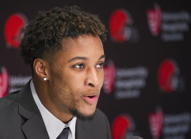 Cleveland Browns first round draft selection, Denzel Ward answers a question during a news conference at the Browns headquarters in Berea, Ohio, Friday, April 27, 2018. Ward was the fourth selection of the draft. (AP Photo/Phil Long)