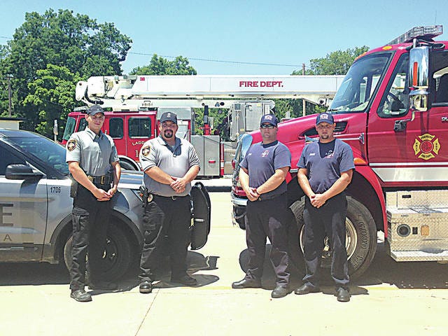 Police Officer Robert Rule, Police Chief Scott Laird, and Firefighters Justin Chin and Josh Alexander encourage Pawhuska-area residents to participate in the Aug. 2 blood drive.