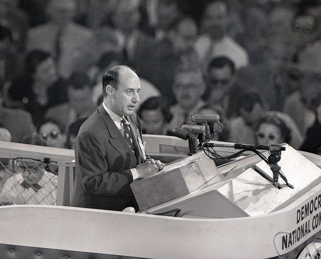 Illinois Gov. Adlai Stevenson addresses the Democratic National Convention on July 25, 1952, in Chicago. [The Associated Press]