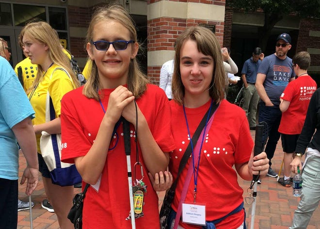 Florida School for the Deaf and the Blind (FSDB) students Savannah Lindberg and Addison Burgess compete in the Braille Challenge Final in California in June. Lindberg placed third in the sophomore group. [Contributed]