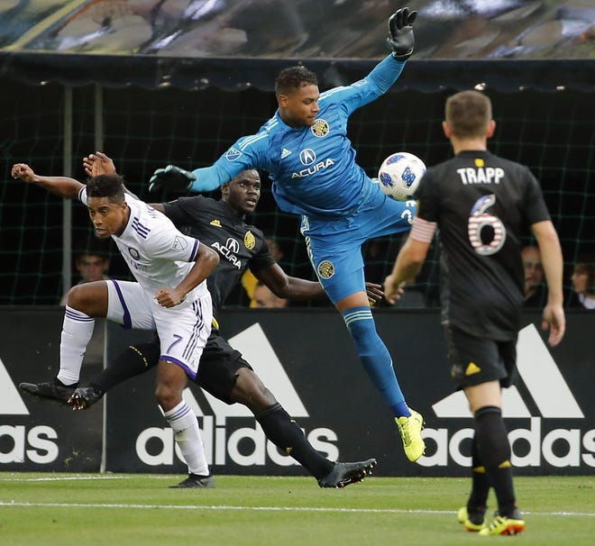 Crew SC goalkeeper Zack Steffen makes a play on the ball against Orlando City during a game at Mapfre Stadium on July 21. [Kyle Robertson/Dispatch]