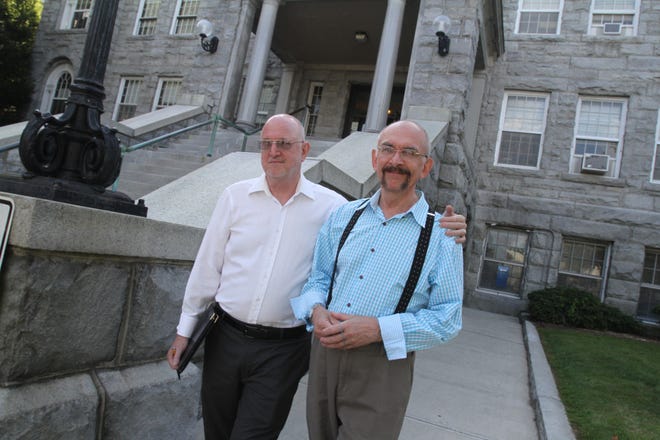 On Aug. 1, 2013, the day same-sex marriage became legal in Rhode Island, Federico Santi and John Gacher both of Newport, were married at Newport City Hall. They had already been together 41 years. [The Providence Journal, file / Frieda Squires]