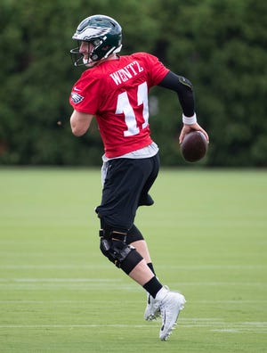 Eagles quarterback Carson Wentz runs a drill during practice Thursday. [Chris Szagola/Associated Press]