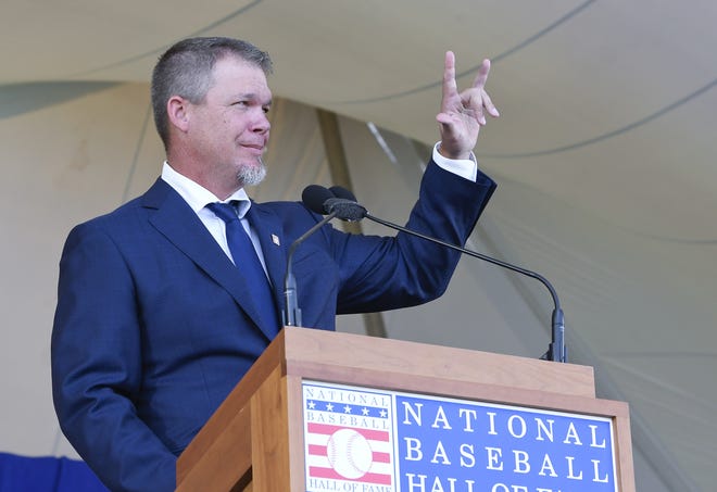 Baseball Hall of Fame inductee Chipper Jones speaks during an induction ceremony at the Clark Sports Center on Sunday in Cooperstown, N.Y. [AP Photo/Hans Pennink]