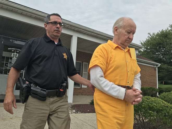Ralph Miller, 71, leaves a preliminary hearing before District Judge Maggie Snow on charges he harassed a teen girl from federal prison on Monday. Unable to post bail, Miller was remanded back to the Bucks County Correctional Facility. [James O'Malley/staff photojournalist]