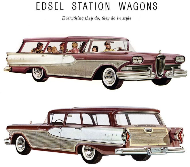 The Edsel station wagons, especially Bermuda and Villager, bring top dollars at auctions everywhere in good condition. The Edsel cars, however, are priced lower and are good buys right now in the collector car market. [Ford Motor Company]