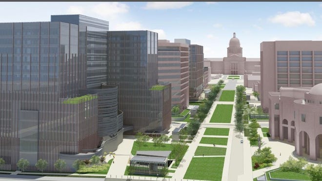 An artists rendering shows what the Texas Capitol complex is expected to look like after completion of a $581 million building project, as well as an as-yet-unfunded second phase. At front left is the planned George H.W. Bush State Office Building, which is part of the project.Credit: Texas Facilities Commission