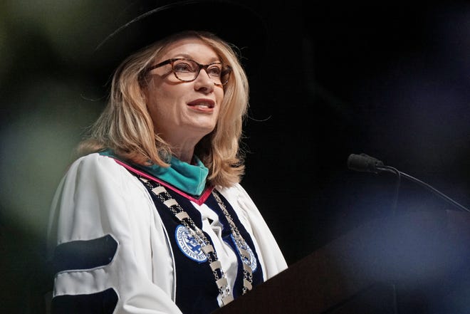 Johnson & Wales' Providence campus President Mim L. Runey welcomes the class of 2018 at commencement in May. She will now oversee all four J&W campuses as university chancellor. [The Providence Journal / Sandor Bodo]