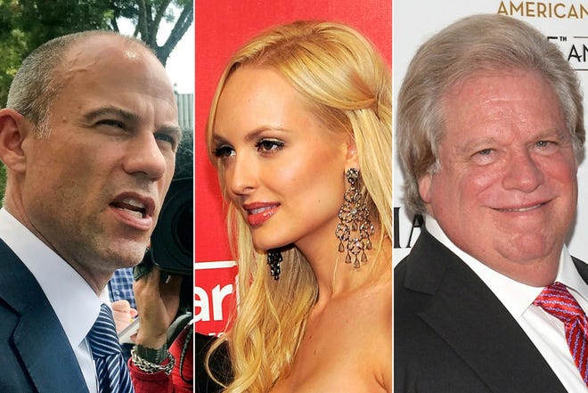 Former Playboy centerfold Shera Bechard, center, has filed a lawsuit against fundraiser, Elliott Broidy, right, her former attorney Keith Davidson, and Michael Avenatti, left, the attorney for porn actress Stormy Daniels. [AP file photos]