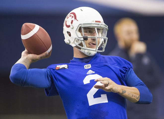 Montreal Alouettes quarterback Johnny Manziel throws during practice in Montreal. [Ryan Remiorz/The Canadian Press via AP]