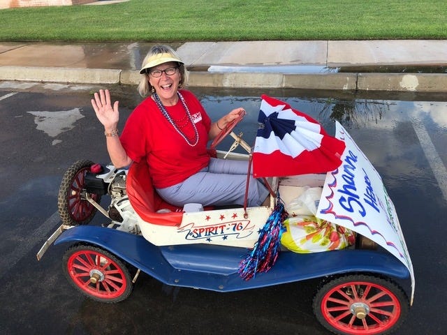 Shanna Henry, a Kingman County Democrat running for the 114th House seat, is using her father's old Shriner's car at campaign events. Repairs to the car were listed as an in-kind contribution on her campaign finance report. [Courtesy photo]
