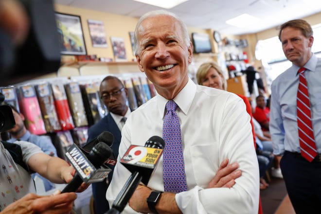 In this June 29, 2018, file photo, former Vice President Joe Biden speaks to the media in Cincinnati. Dick Harpootlian, a longtime fixture in South Carolina’s Democratic political circles announced Wednesday, Aug. 1, that he’s getting a campaign boost from one of the party’s top dogs. In an email to supporters, Harpootlian said that he is being supported by Biden in his special election quest for a state Senate seat in the Columbia area. (AP Photo/John Minchillo, File)