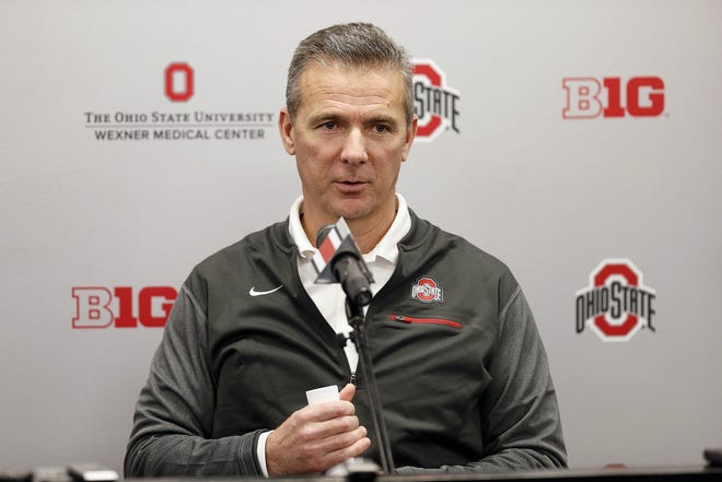Ohio State coach Urban Meyer speaks during a news conference at the Woody Hayes Athletic Center on Nov. 27, 2017. [Kyle Robertson/ Dispatch]