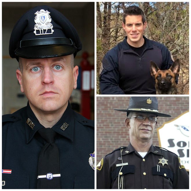 Weymouth police Sgt. Michael Chesna, left, Yarmouth police Sgt. Sean Gannon, top, and Somerset Deputy Sheriff Cpl. Eugene Cole. [File photos]