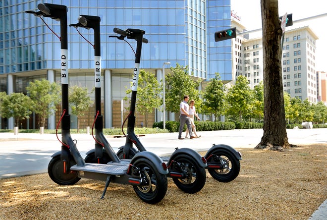 The city council will consider cracking down on electric rental scooters like these, left in the public right of way. These Bird.co scooters were parked near Devon Tower and Myriad Gardens earlier this month. [Photo by Jim Beckel, The Oklahoman]