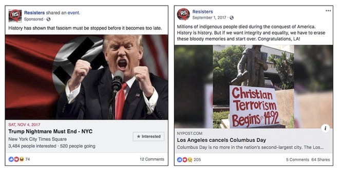 This combination of images provided by Facebook shows examples of one of the suspicious accounts the social networking site discovered on its platform that it says is possibly linked to Russia with the intention of influencing U.S. politics. [Courtesy of Facebook via AP]