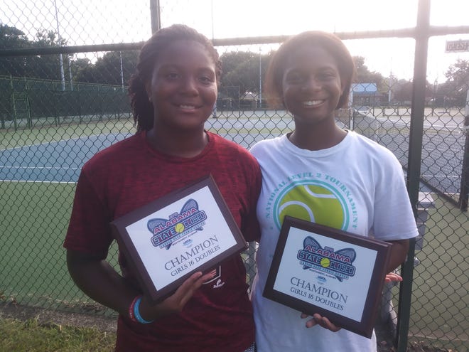 Abrianna Irvin, left, and Erianna Irvin won the 16 doubles UTSA state closed tennis tournament in Montgomery recently. [Special to The Times]