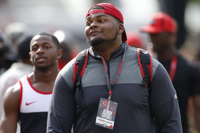 Georgia freshman offensive lineman Jamaree Salyer was a five-star tackle out of Pace Academy in Atlanta. He is a member of a deep offensive line that the Bulldogs have built since Kirby Smart's arrival in 2016. (Photo/Joshua L. Jones, Athens Banner-Herald)
