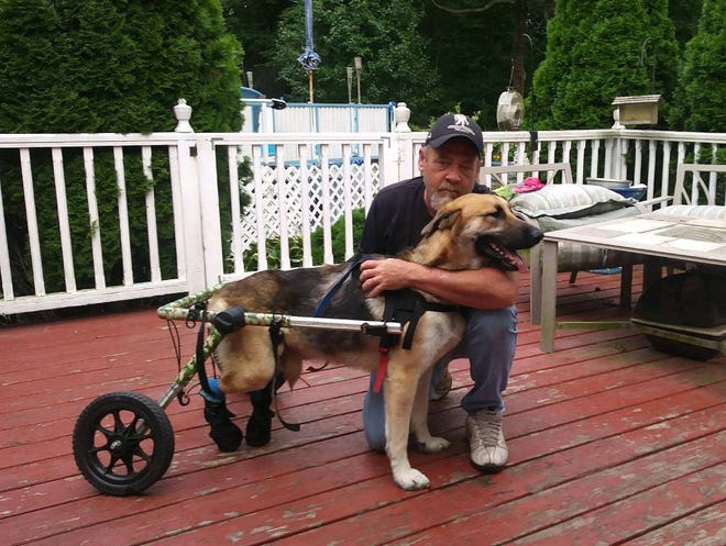 Ronald Dalton Jr. and his service dog Falco are seen here on the deck of his mother's home on Route 138 in Raynham on July 26, 2018. (Submitted photo)