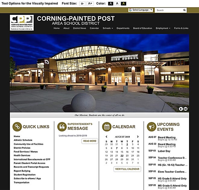 A screenshot shows the Corning-Painted Post School District's new website.