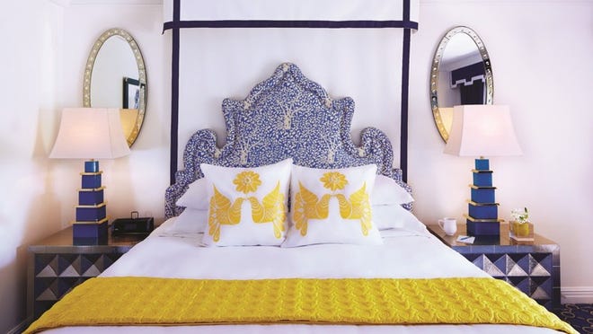 Inside a guest room at Eau Palm Beach Resort & Spa with splashes of color and other touches of Jonathan Adler’s redesign. 2015 photo courtesy of Eau Palm Beach Resort