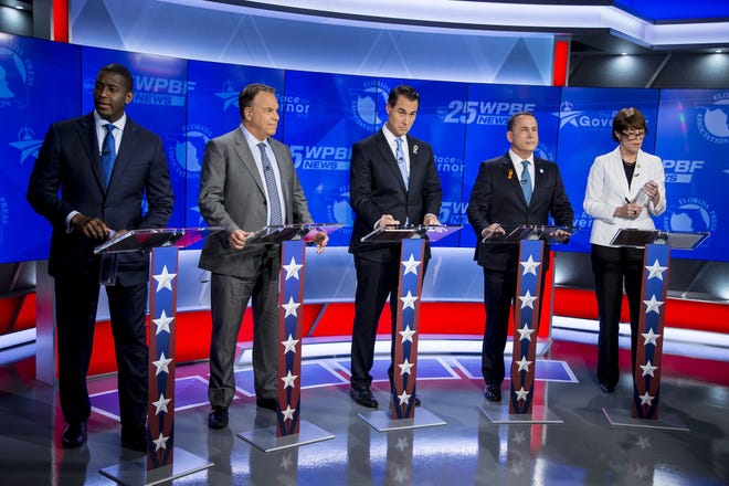 Democratic gubernatorial candidates, from left: Andrew Gillum, Jeff Greene, Chris King, Philip Levine and Gwen Graham participated in an hour-long debate at WPBF television studios in Palm Beach Gardens on Thursday. [Palm Beach Post photo / Richard Graulich]