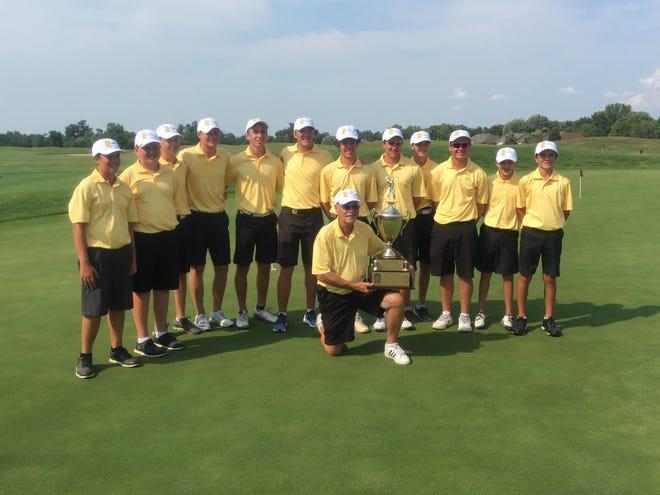 JOHN KOMOSA/JOURNAL STAR

Members of Team TazWood pose with the trophy after winning the Junior River Cup. TazWood defeated Team Peoria 11-7 on Sunday at Coyote Creek Golf Club to win its 10th straight title in the event.