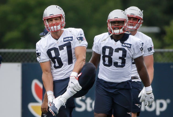 Dwayne Allen (83) knows he must put up better numbers if he hopes to have a roster spot behind Rob Gronkowski (87) this season.