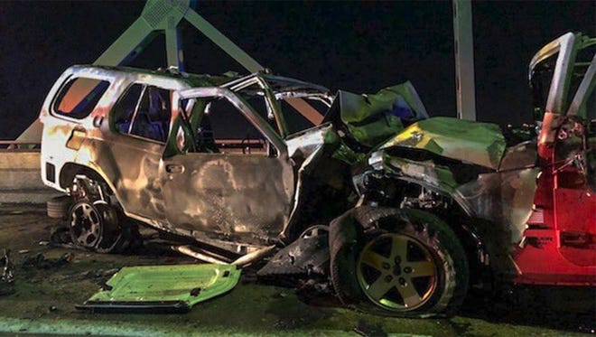A wrong-way crash on the Hart Bridge late Sunday night killed one woman and injured a second driver. [Jacksonville Fire and Rescue Department]