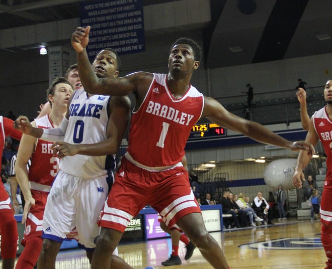 Donte Thomas of Bradley (1) boxes out DrakeþÄôs C.J. Rivers on Thursday during the Missouri Valley Conference opener in Des Moines, Iowa. COURTESY DRAKE ATHLETICS
