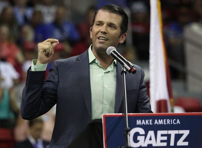 Donald Trump Jr. speaking at a campaign rally for Matt Gaetz and Ron DeSantis at Northwest Florida State College in Niceville. [MICHAEL SNYDER/DAILY NEWS]