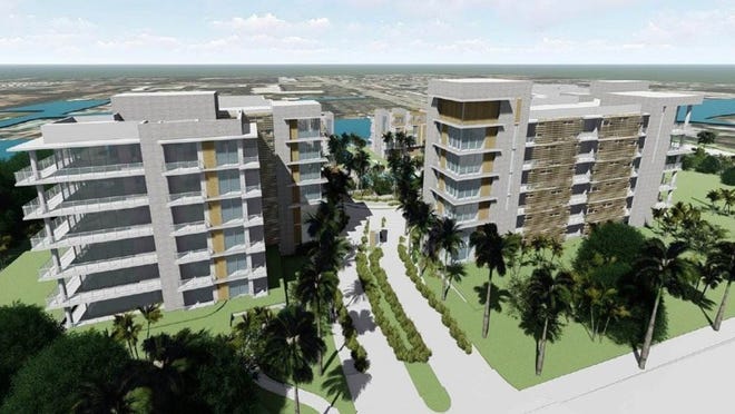 These architectural renderings show how the PGA waterfront condos on the former Panama Hattie’s site may look. Courtesy of Palm Beach County