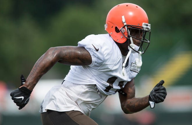 FILE - In this Thursday, Aug. 2, 2018 file photo, Cleveland Browns wide receiver Antonio Callaway runns a route during NFL football training camp, in Berea, Ohio. Callaway was cited for marijuana possession, the latest drama for one of the team's wide receivers. Callaway was pulled over by suburban Strongsville, Ohio police early Sunday morning, Aug. 5, and a small amount of marijuana was found under his seat. (AP Photo/Ken Blaze)