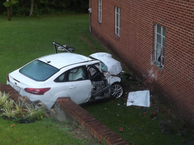 A car crashed into a church in Vass early Wednesday morning. [Billy Marts/Contributed]