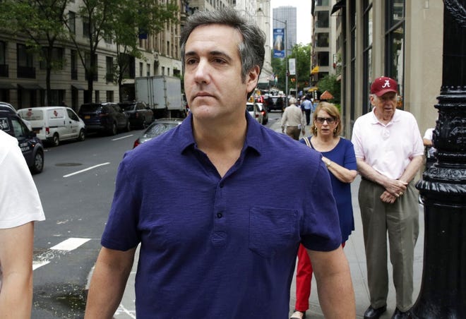 In a Monday, July 30, 2018 photo, Michael Cohen, formerly a lawyer for President Trump, leaves his hotel, in New York. Attorney Barbara Jones revealed in a letter filed Thursday, Aug. 9, 2018, in Manhattan federal court that she has completed her review of designations by lawyers for attorney Michael Cohen, Trump and the Trump Organization. After the April 9 raid of CohenþÄôs office and residences, Cohen asked a judge to give him a role in deciding what seized items were privileged and could not be seen by prosecutors. The judge appointed Jones. (AP Photo/Richard Drew, File)
