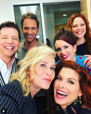 Chelsea Handler (center) shares a selfie with the cast of NBC's "Will & Grace" and fellow guest star Mary McCormack (top right) after taping an episode for the upcoming second season of the revival. [INSTAGRAM PHOTO]