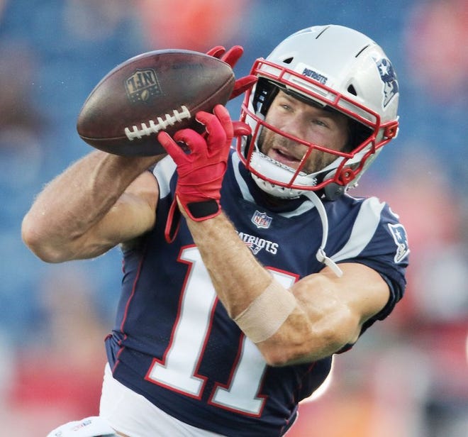 Patriots wide receiver Julian Edelman makes a catch during warmups prior to Thursday night's game against the Redskins. He was on the field for 16 snaps but was never targeted for a reception.