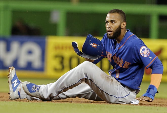 Mets' Amed Rosario reacts after he was picked off at second base in the third inning of Saturday night's game against the Marlins in Miami. Rosario had been on base with a double. [The Associated Press]