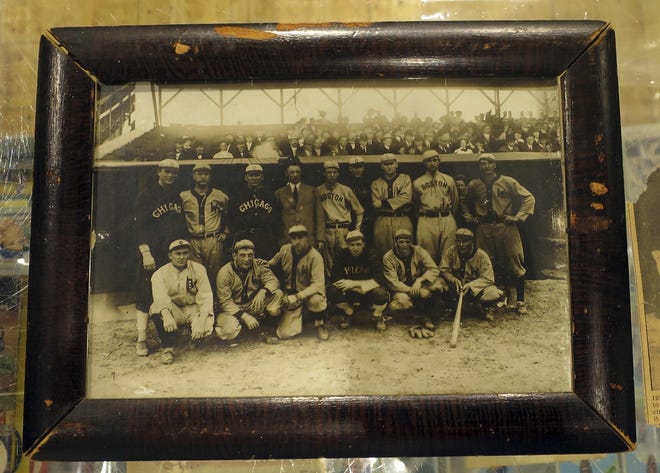 This 1910 photograph to be sold at auction belonged to baseball great Harry Lord. It shows a group of American League all-stars, including Ty Cobb, front row, far left, before a game at Shibe Park in Philadelphia. [Courtesy of Saco River Auctions via AP]