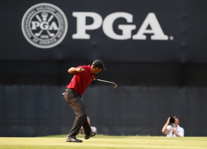 Tiger Woods celebrates his birdie putt on the 18th green during the final round of the PGA Championship golf tournament at Bellerive Country Club on Sunday in St. Louis. Woods finished second in the tournament. [AP PHOTO/JEFF ROBERSON]