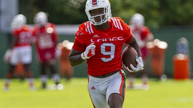University of Miami tight end Brevin Jordan (9) Brevin Johnson runs a drill during the first day of fall training camp at the Greentree Practice Fields in Coral Gables on Saturday, August 4, 2018.