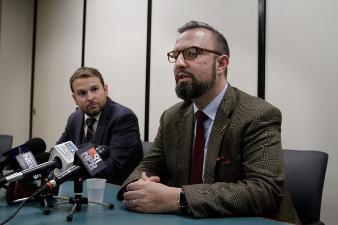 Providence Schools Superintendent Christopher N. Maher, right in this 2017 file photo, said that the schools have to do more to support students learning English. At left is Providence School Board President Nicholas Hemond. [The Providence Journal, file / Kris Craig]