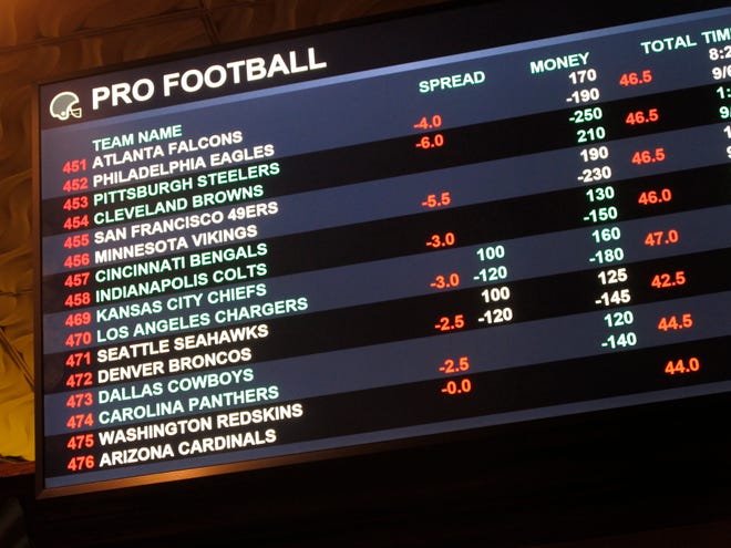 This Aug. 1 2018 photo shows a board at Harrah's casino in Atlantic City, N.J., listing the odds on pro football games in the first week of the NFL season. Resorts casino will begin taking sports bets in person on Wednesday, Aug. 15, becoming the fifth Atlantic City casino to do so. (AP Photo/Wayne Parry)
